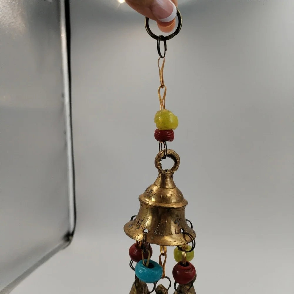 Vintage Brass Cluster Wind Chime Mini Temple Bells Boho Hanging Decor with Beads